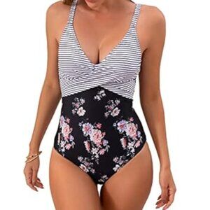 BRAND NEW!  V Neck Criss Cross Tummy Control One Piece Swimsuit, Size Small